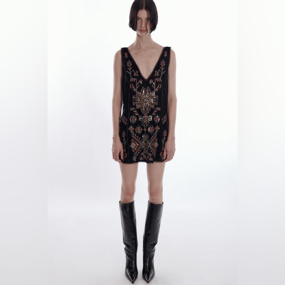 Zara Velvet Embroidered Mini Dress XS | Boho Western Whimsygoth Party